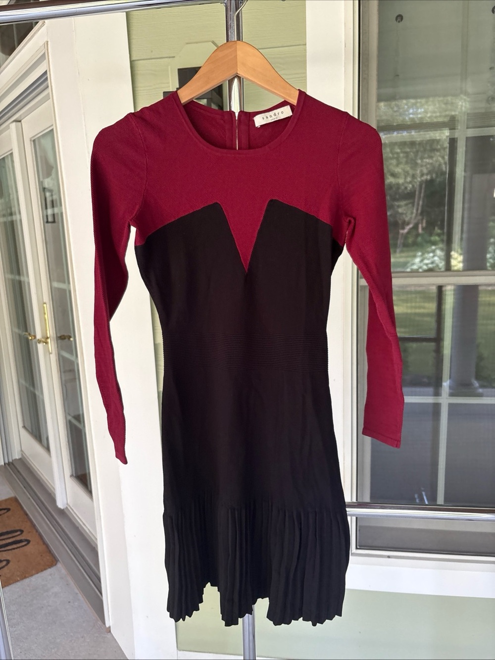 Sandro Two-Tone Wine and Black Long-Sleeve Dress